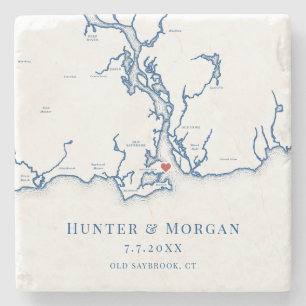 Old Saybrook CT Map Navy Blue Wedding Stone Coaster