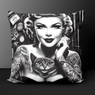 Old School Alternative Tattooed Girl Throw Pillow