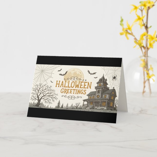  Old School Haunted House Card (Yellow Flower)