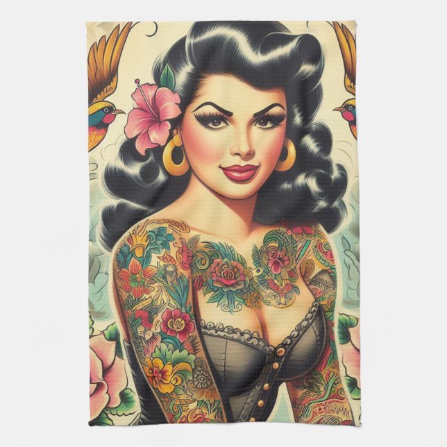 Old School Inked Girl Kitchen Towel (Vertical)