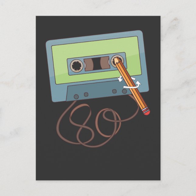 Old school Pencil winding up a Cassette Tape Postcard (Front)