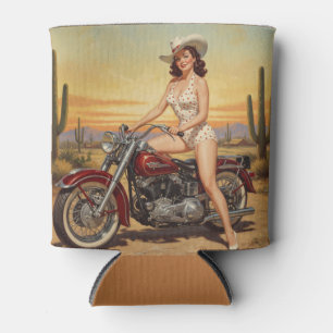 Old school Retro Pin-up girl on motorcycle Can Cooler