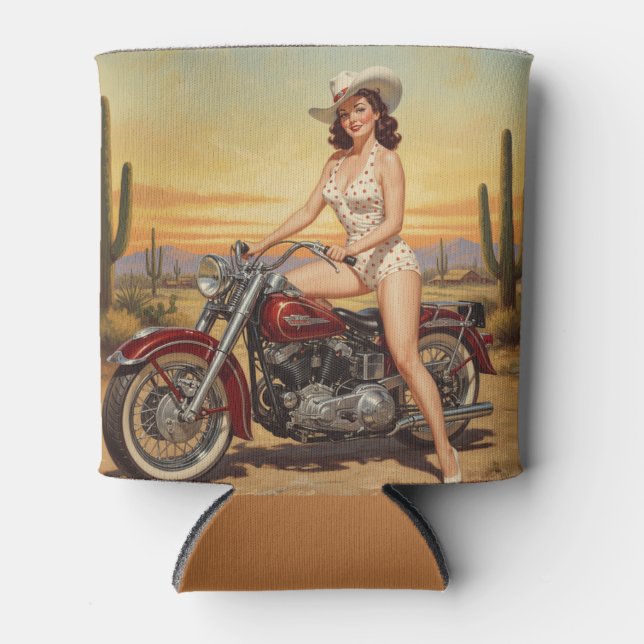 Old school  Retro Pin-up girl on motorcycle Can Cooler