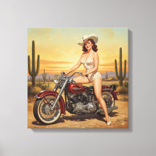 Old school  Retro Pin-up girl on motorcycle Canvas Print