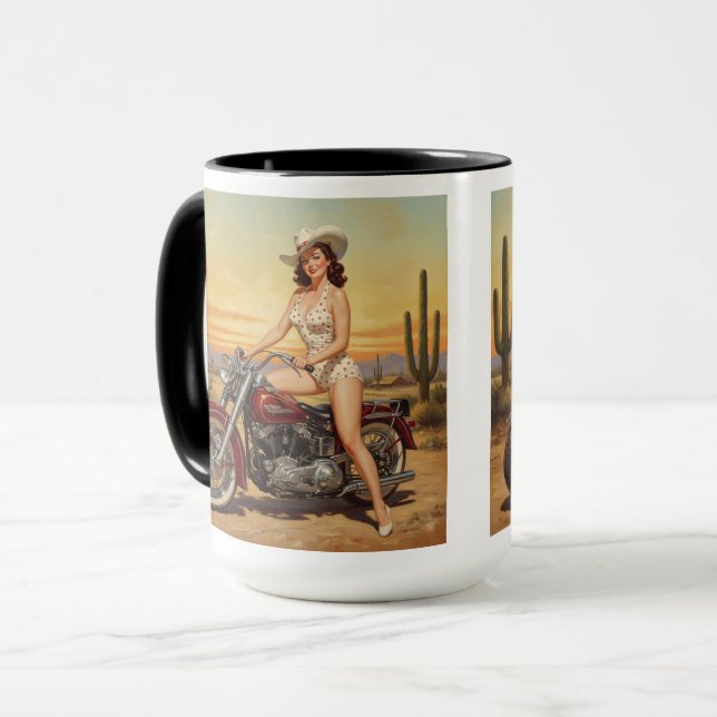 Old school  Retro Pin-up girl on motorcycle Mug (Front Left)