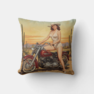 Old school Retro Pin-up girl on motorcycle Throw Pillow
