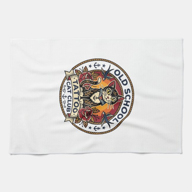 Old School Tattoo Cat Cute Kitty Design - Old Scho Kitchen Towel (Horizontal)