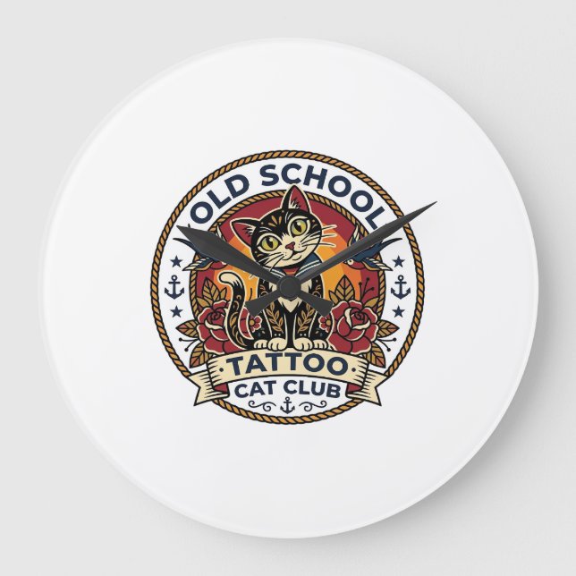 Old School Tattoo Cat Cute Kitty Design - Old Scho Large Clock (Front)