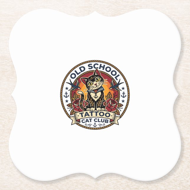 Old School Tattoo Cat Cute Kitty Design - Old Scho Paper Coaster (Front)