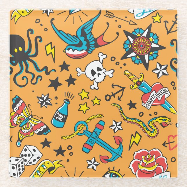 Old School Tattoo: Cute Seamless Glass Coaster (Front)