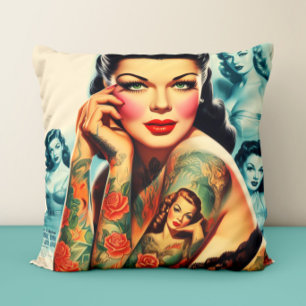 Old School Tattoo Girl Throw Pillow