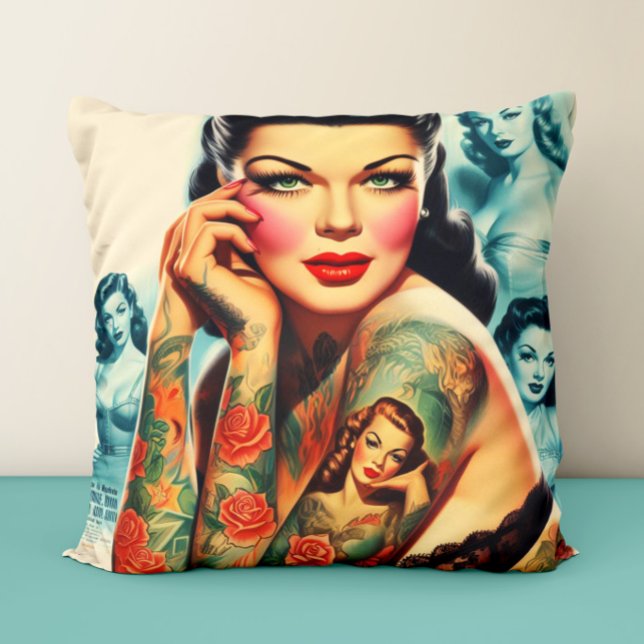 Old School Tattoo Girl Throw Pillow (Creator Uploaded)