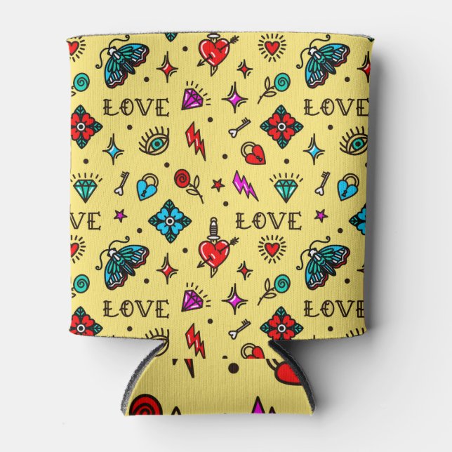 Old School Tattoo Love Pattern Can Cooler (Front)