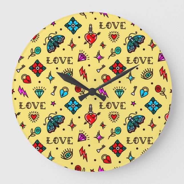 Old School Tattoo Love Pattern Large Clock (Front)