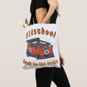 Old school, vintage car in red tote bag