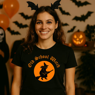 Old School Witch Retro Woodblock Cut Halloween T-Shirt