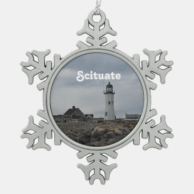 Old Scituate Lighthouse Snowflake Pewter Christmas Ornament (Front)