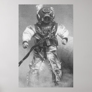 old scuba diver pic black and white poster
