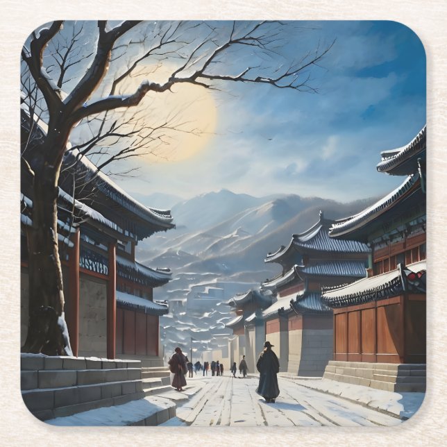 Old Seoul Street Square Paper Coaster (Front)
