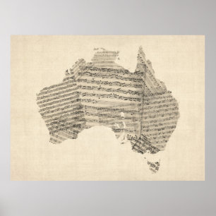 Old Sheet Music Map of Australia Map Poster