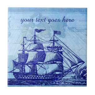 Old Ship and Map Blue Beach House Tile