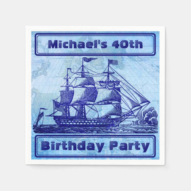 Old Ship and Map Blue Beach Party Napkin (Front)