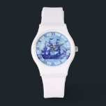 Old Ship and Map Blue Nautical Sailors Watch<br><div class="desc">This antique-looking nautical-themed wristwatch has a mottled blue vintage sailing ship / tall ship with rigging and three masts, a few flags (a couple American flags) and a faint, distressed ancient map image behind it. The watch numbers are done in dark blue roman numerals on a semi-transparent light blue circle....</div>