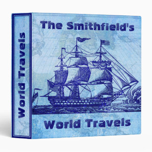 Old Ship and Map Blue Nautical Travel Binder