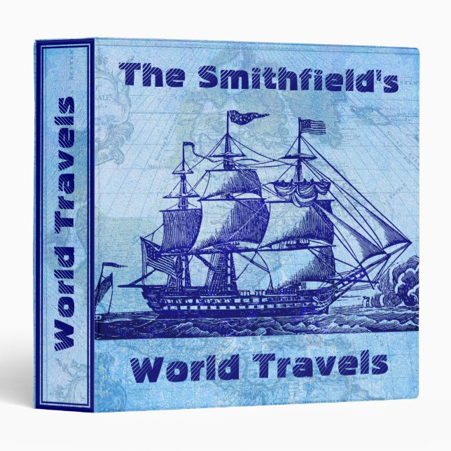 Old Ship and Map Blue Nautical Travel Binder (Front/Spine)