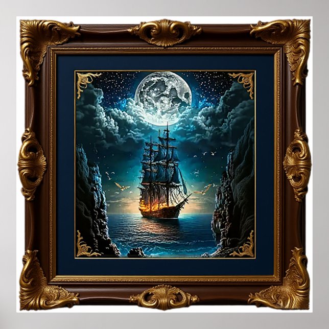 Old Ship Under the Moon Poster (Front)