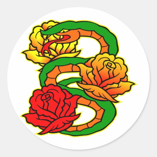 Old Skool Snake & Roses Tattoo Classic Round Sticker