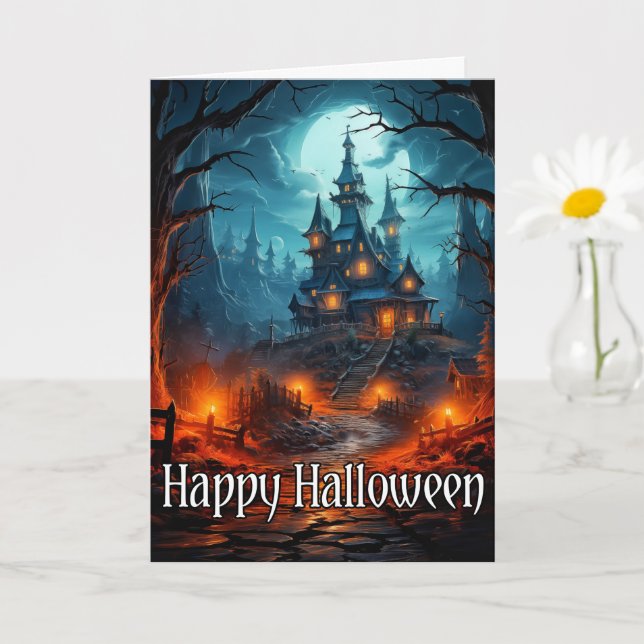 Old Spooky Mansion Happy Halloween Card (Small Plant)