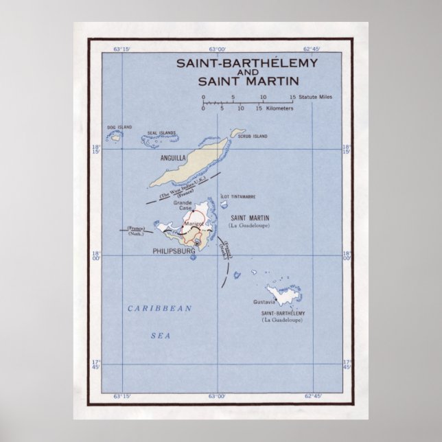 Old St Martin, Anguilla & St Barts Island Map  Poster (Front)