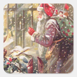Old St. Nicholas with Gifts in Snow Vintage Square Sticker