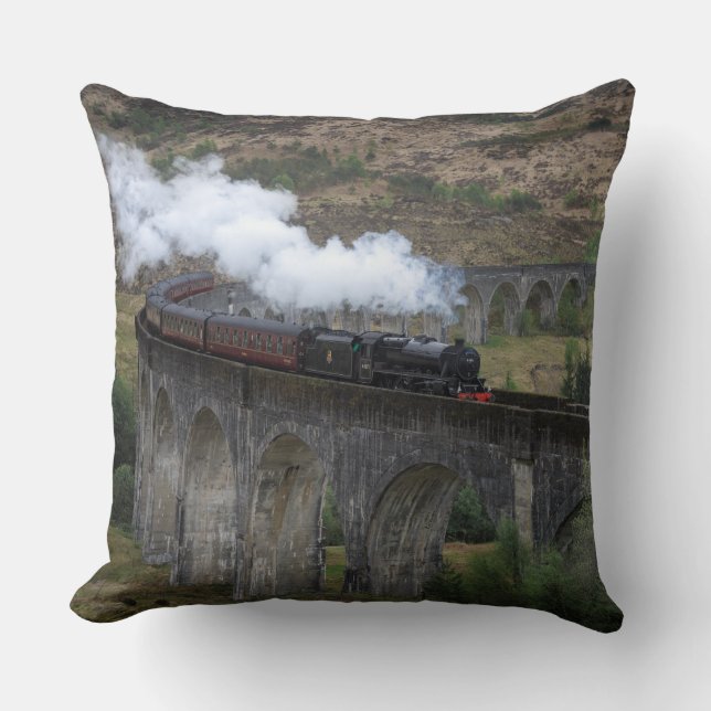 Old steam train on Glenfinnan Viaduct Throw Pillow (Front)
