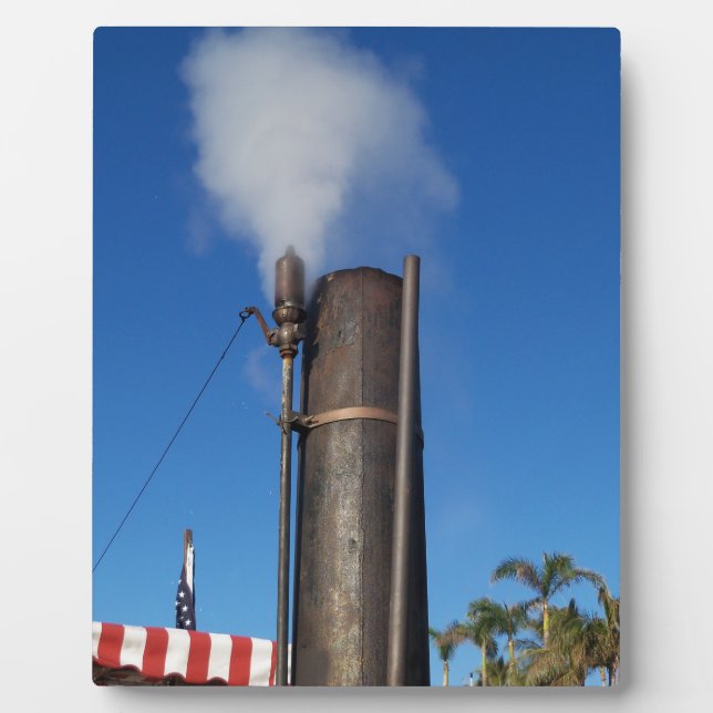 old steam whistle with a white plume of steam plaque (Front)