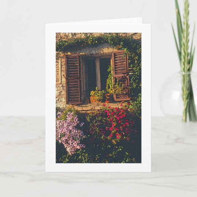 OLD STONE BLDG. WINDOW WITH WOODEN SHUTTERS &FLOWE CARD (Front)