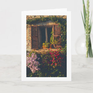 OLD STONE BLDG. WINDOW WITH WOODEN SHUTTERS &FLOWE CARD