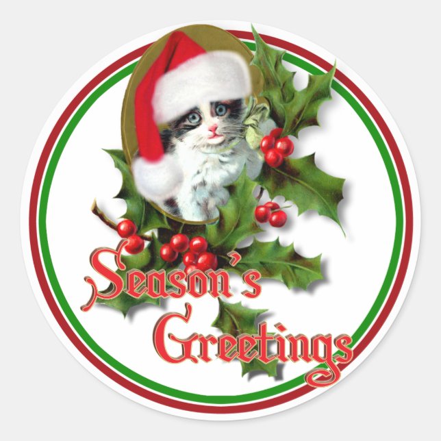Old Style Christmas Kitten Season's Greetings Classic Round Sticker (Front)