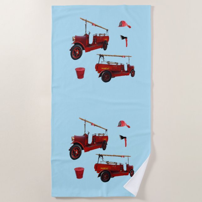 Old Style Fire Fighting Trucks And Ax, Beach Towel (Front)