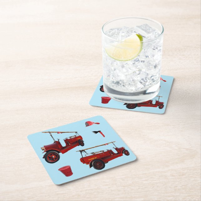 Old Style Fire Fighting Trucks And Ax, Square Paper Coaster (Insitu)
