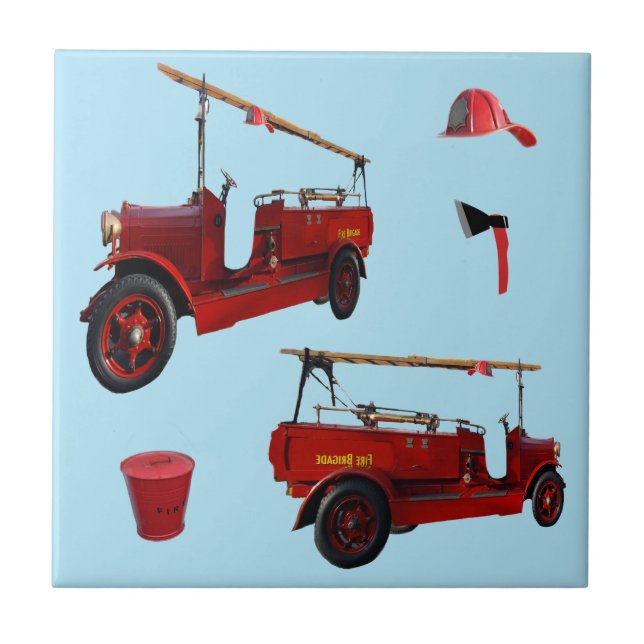 Old Style Fire Fighting Trucks And Ax, Tile (Front)