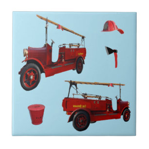 Old Style Fire Fighting Trucks And Axe, Tile