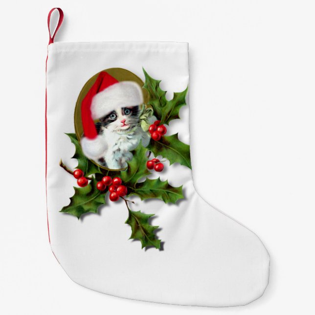 Old Style Vintage Christmas Kitten Small Christmas Stocking (Front)