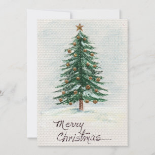 Old Style Watercolor Christmas Tree in Snow Holiday Card