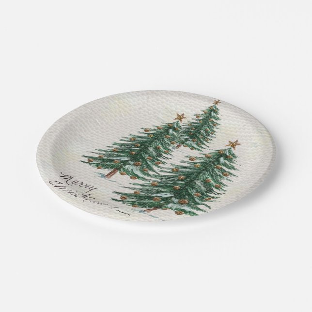 Old Style Watercolor Christmas Tree in Snow Paper Plate (Angled)