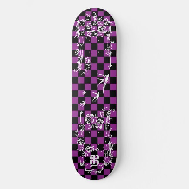 Old Tattoo Checkboard - Purple & Black Skateboard (Front)