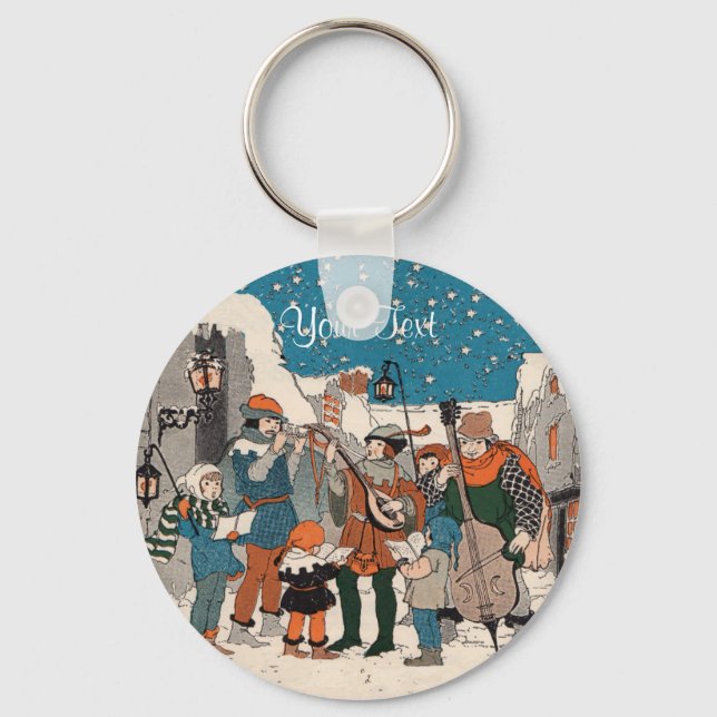 Old Time Christmas Carolers Musicians by Lamp Post Keychain (Front)