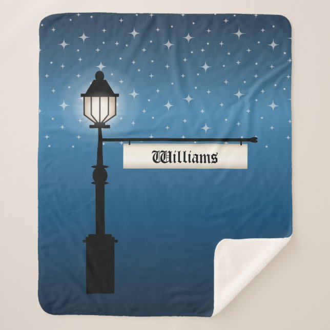 Old Time Lamp Post At Night & Sign For Family Name Sherpa Blanket (Front)