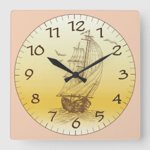 Old Time Sailing Ship Square Wall Clock
